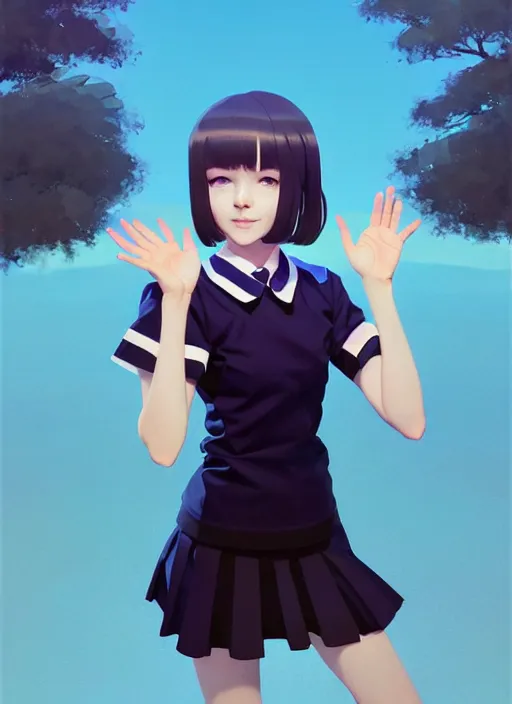 Image similar to full body beautiful and cute and aesthetic school girl greeting, very slightly smiling, wave a hand at the camera, perfect face, symmetric eyes, sharp focus, specular reflection, occlusion shadow, artstation, by ilya kuvshinov and jeremy lipking, light novel cover art, 3 d epic illustrations, symmetric body, model pose