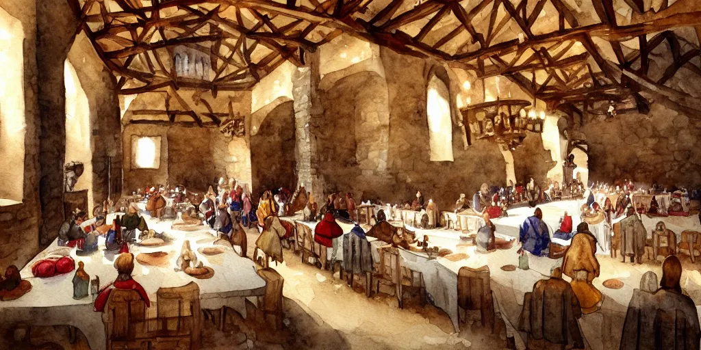 Prompt: medieval dining hall, exquisite masterpiece watercolor painting, trending on artstation