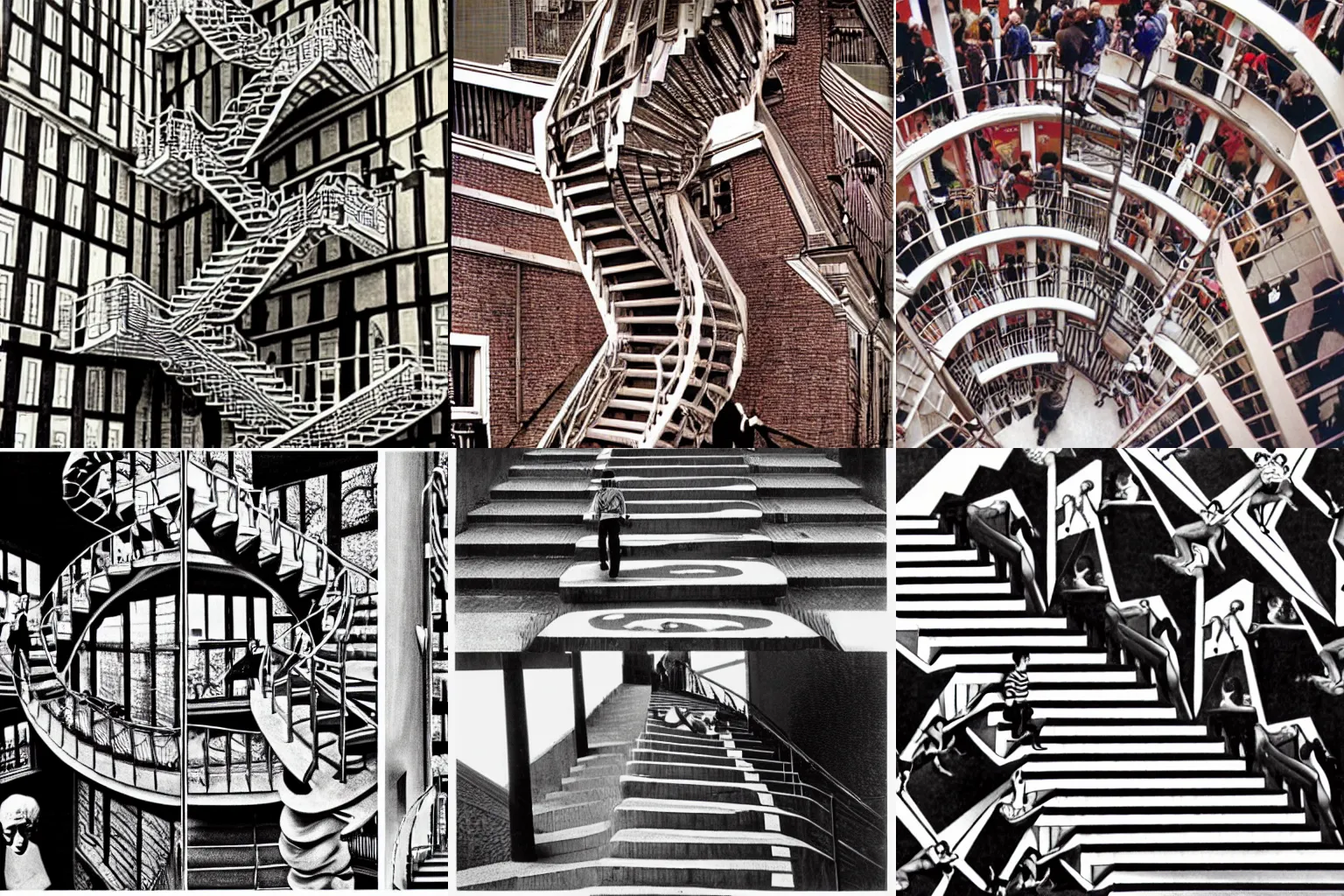 Prompt: MC Escher's 'relativity' stairs with Waldo (Where's Waldo) walking on the stairs in different places