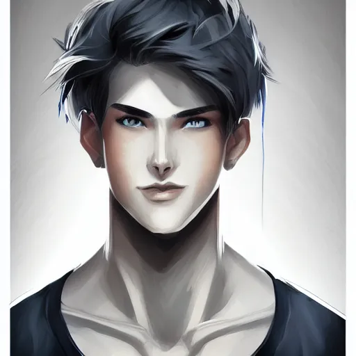 Image similar to portrait of a feminine young man with short white hair, bedhead, and blue eyes, wearing a gray t shirt, muscular arms, dramatic lighting, illustration by Rossdraws, professional portfolio, 4k, digital art, concept art, trending on artstation