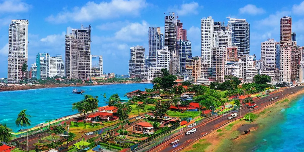 Image similar to colombo sri lanka cityscape, ocean, pixel art