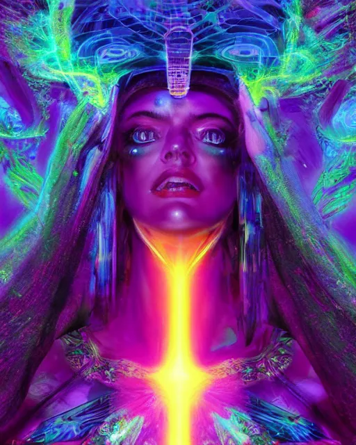 Image similar to a powerful energy psychedelic matrix priestess, by alexander fedosav, hyper detailed digital matte painting, concept art, hyperrealism, 1 6 k resolution, cinema 4 d, 8 k resolution, trending on artstation, behance hd, a masterpiece, by stephan martiniere, particles, cel - shaded, power bright neon energy, by david a. hardy,