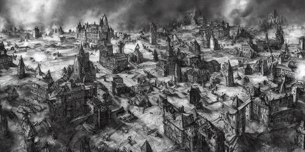 Prompt: RTS gameplay third person in style of Durer, painting, engraving, grayscale, Stronghold strategy gameplay, dark tones, fantasy, medieval, buildings, units, RPG, high contrast, octane render