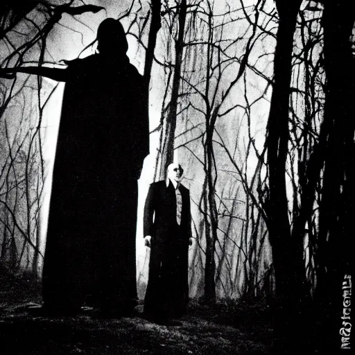 Image similar to photo of boris karloff as frankestein and bela lugosi as dracula in a forest at night, telephoto long distance shot, black and white, low light, vignette, fujifilm, creepy, dark, atmospheric, 3 5 mm, surveillance footage, fisheye