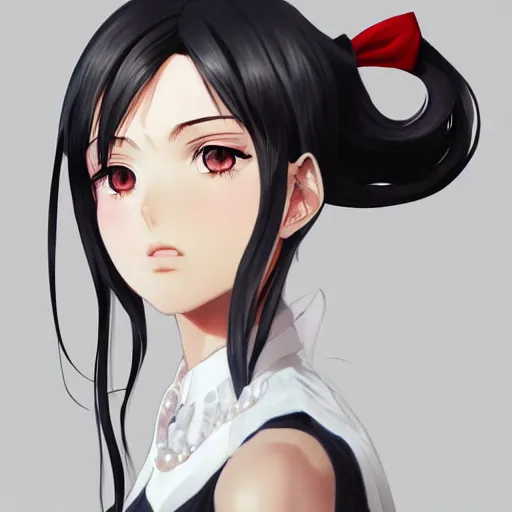 Image similar to luxury advertisement, astonishing portrait of a very beautiful anime high-school girl with black hair ponytail, white ribbon, full perfect face, realistic, highly detailed background, artstation, 120 degree view, drawn by Sasoura, Satchely and Akihiko Yoshida, no distortion