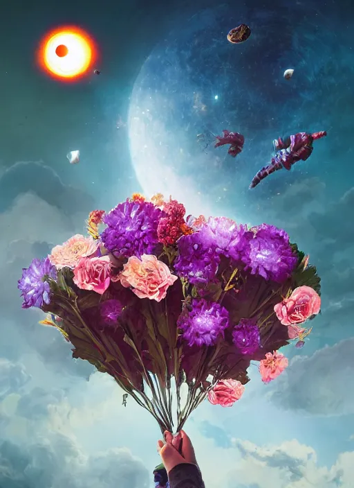 Image similar to An epic fantastic realism comic book style painting of the most beautiful flowers launched into space, bouquets, solar eclipse, fisheye, unreal 5, DAZ, hyperrealistic, octane render, dynamic lighting