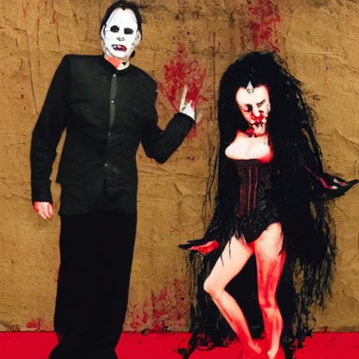 Image similar to a man standing next to a woman on a red carpet, a picture by george manson, tumblr, international gothic, freakshow, hellish background, gothic