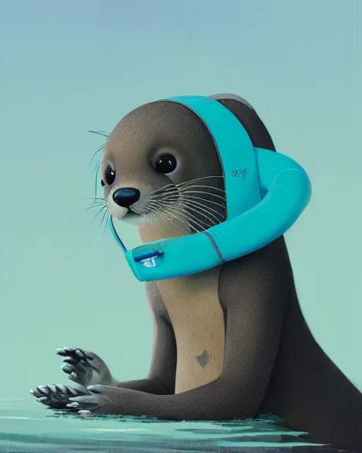 Image similar to a beautiful portrait of a male gray anthropomorphic grey otter fursona wearing a wetsuit. paws. on the beach. surfboard. turquoise hair. orange nose. sunset. character design by cory loftis, fenghua zhong, ryohei hase, ismail inceoglu and ruan jia. volumetric light, artstation