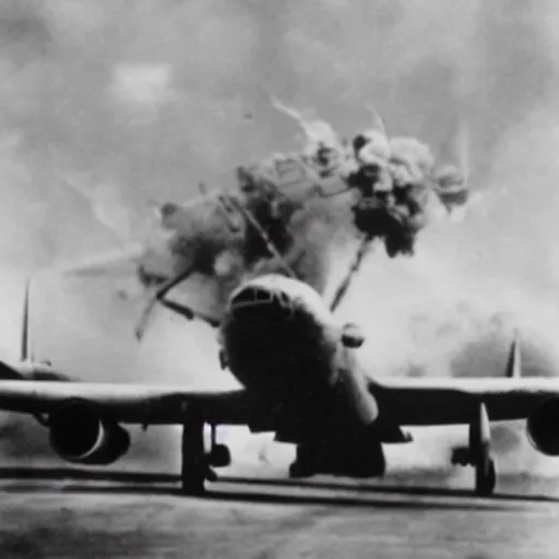 Prompt: highly detailed photograph of a plane being shot out of the sky in ww2, exploding violently, fuselage splitting apart from the impact, historic archive, cinematic