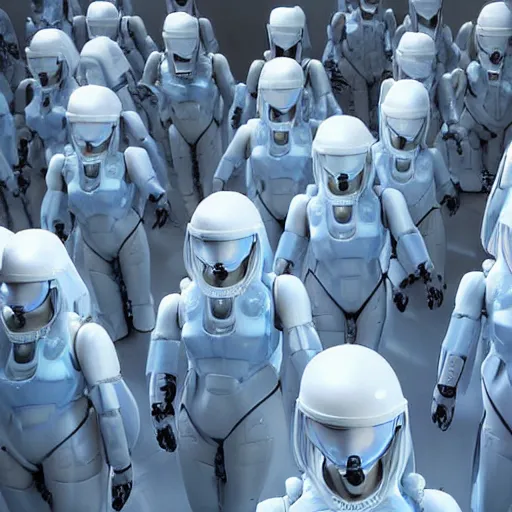 Prompt: troop of grannies with white bob hairdos, tight light blue neopren battle suits, futuristic cloning facility, sci - fi, highly detailed, cinematic