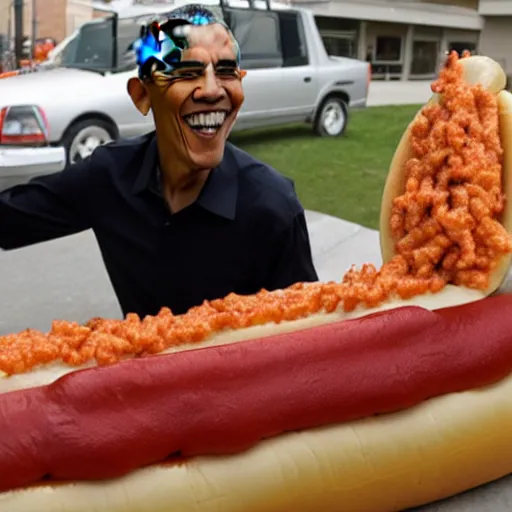 Image similar to barack obama eating a 1 0 0 foot hotdog