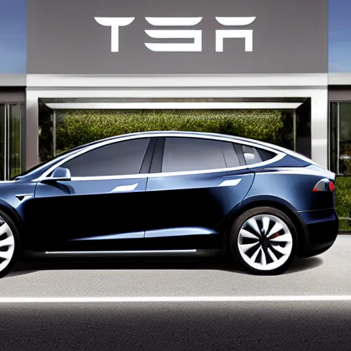 Image similar to tesla's new car model. aggressive lines. suv. parked in front of tesla's headquarters. building. beautiful. futiristic.