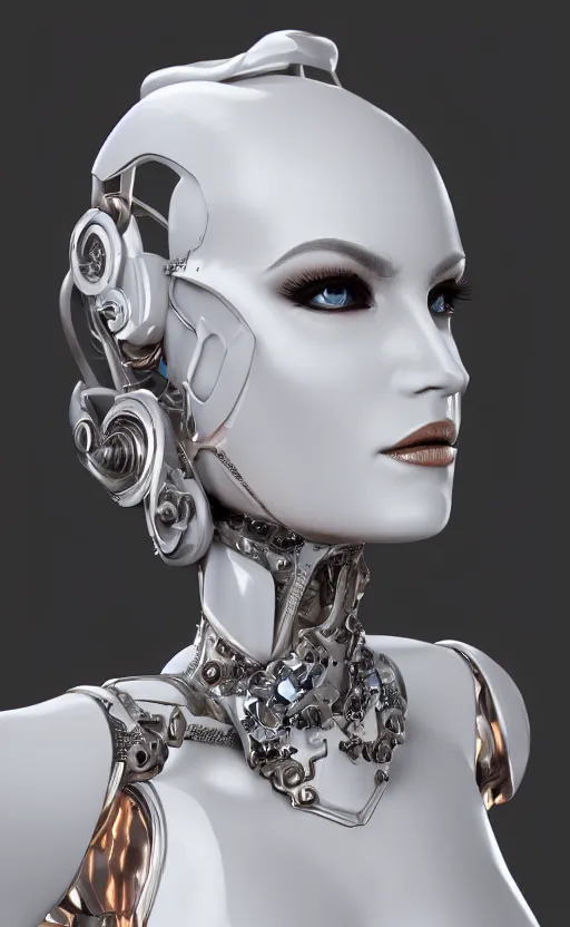 Image similar to white cyborg fashion shot, cyber copper spiral decorations, white elegant baroque design, headshot half figure, photorealistic, 8k, hyper detailed, unreal engine, trending on artstation,