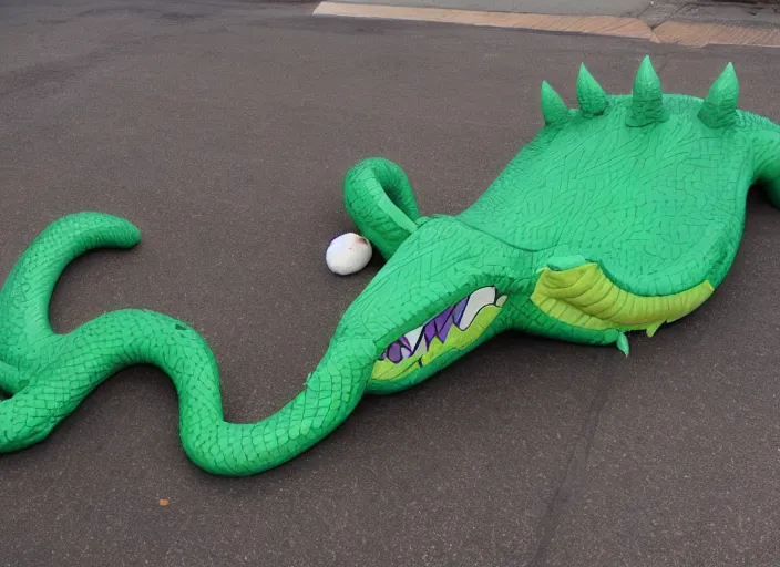 Prompt: Deflated dragon, flattened dragon, punctured dragon