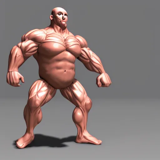 Image similar to extremely muscular bald man, small legs, exaggerated arms, 3 d model, gladiator, small head.