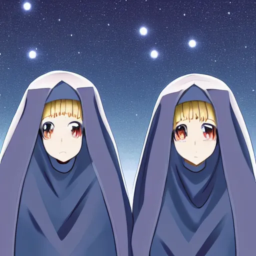 Image similar to two identical beautiful female nuns under clear night sky, detailed anime art, upscaled