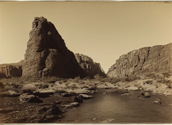 Prompt: Distant view of a huge mesa with a rocky river in the foreground, surrounded by sparse desert vegetation, rocks and boulder, albumen silver print, Smithsonian American Art Museum