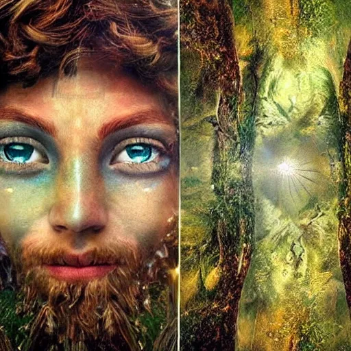 Image similar to greek gods, in forest, three eyed, wide wide shot, feet in water, colors, eyes in forehead, ground very detailed, wet eyes reflecting into eyes reflecting into infinity, beautiful lighting