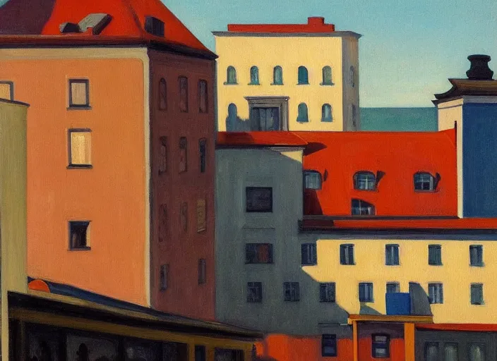 Prompt: a view of a finnish town from a hotel window in the afternoon, oil painting by edward hopper