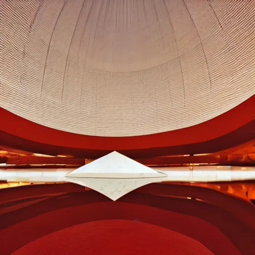 Image similar to interior of a futuristic lotus temple with gold, red and white marble panels, in the desert, by buckminster fuller and syd mead, intricate contemporary architecture, photo journalism, photography, cinematic, national geographic photoshoot