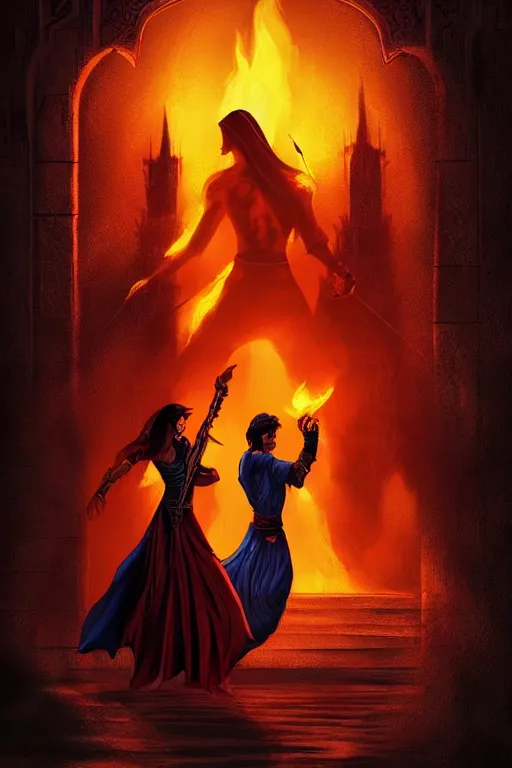 Prompt: a 2 0 2 2 art work of prince of persia 2 : the shadow and the flame, showing the prince hugs the princess while the villain watching from behind, vivid colors, movie poster vibe