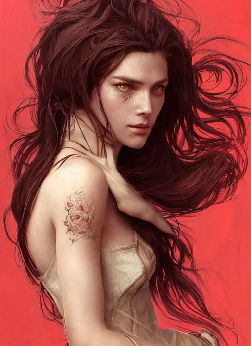 Image similar to vertical portrait of a ruggedly handsome female cleric, soft hair, close - up face, leather, witchy, d & d, fantasy, intricate, elegant, highly detailed, digital painting, artstation, concept art, smooth, sharp focus, illustration, art by artgerm and greg rutkowski and alphonse mucha, plain red background