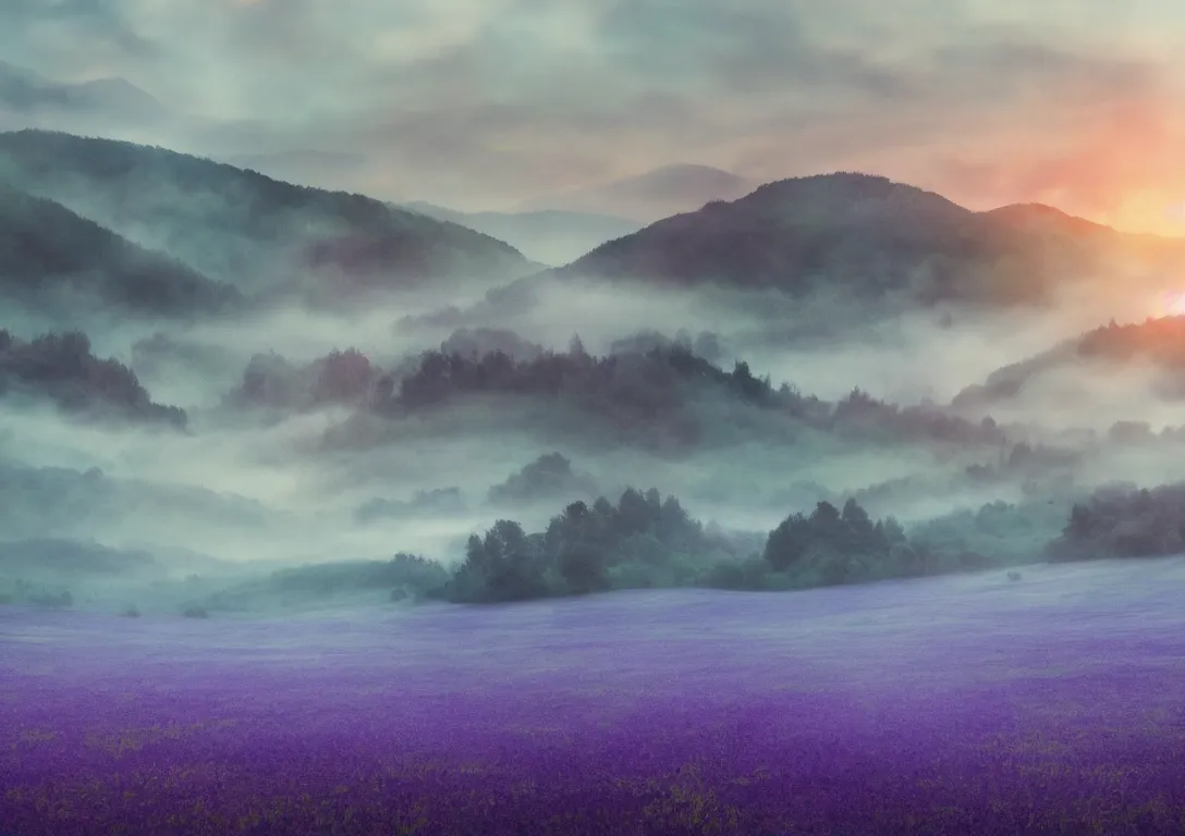 Prompt: sunrise, in fields, mountains, violet and blue color schemes, misty, rainy, cold, dramatic, movie like scenery, trending on artstation, digital art, 4k