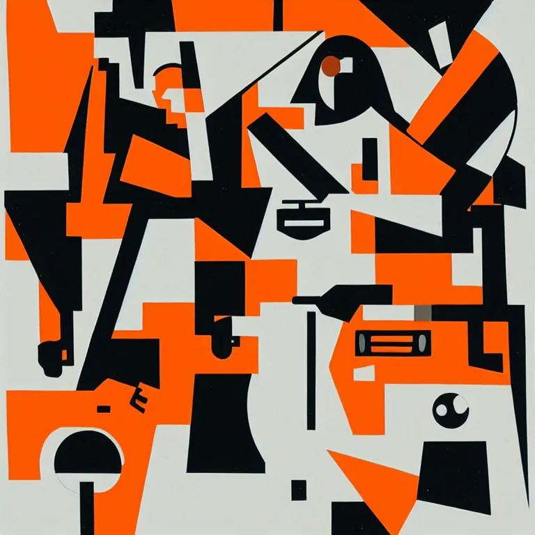 Prompt: cubism, classic illustration, autonomous robots, orange white and black, clean edges