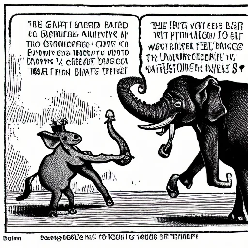 Image similar to a political cartoon of an elephant aggressively berating a donkey.