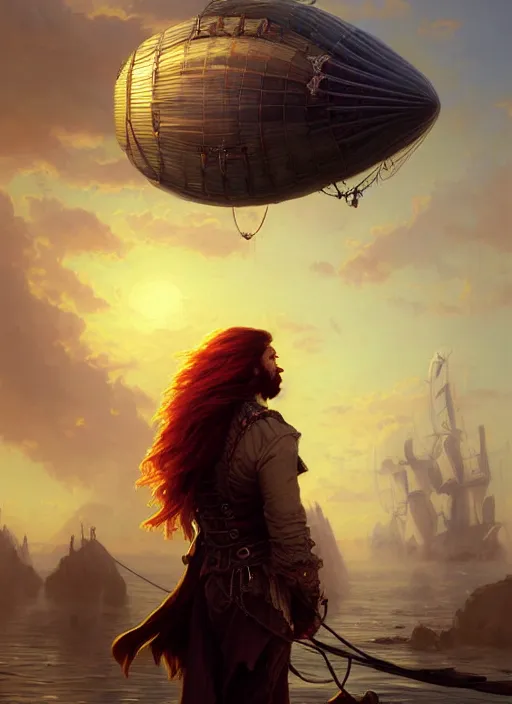 Image similar to portrait painting of a handsome rugged long hair crimson hair male pirate, soft hair steampunk ornate zeppelin blimp airship in the background sky sunset golden hour art by raphael lacoste and stephan martiniere greg rutkowski gaston bussiere fantasy soft hair trending on artstation deviantart book cover art concept art key art dramatic volumetric lighting, 4 k, award winning