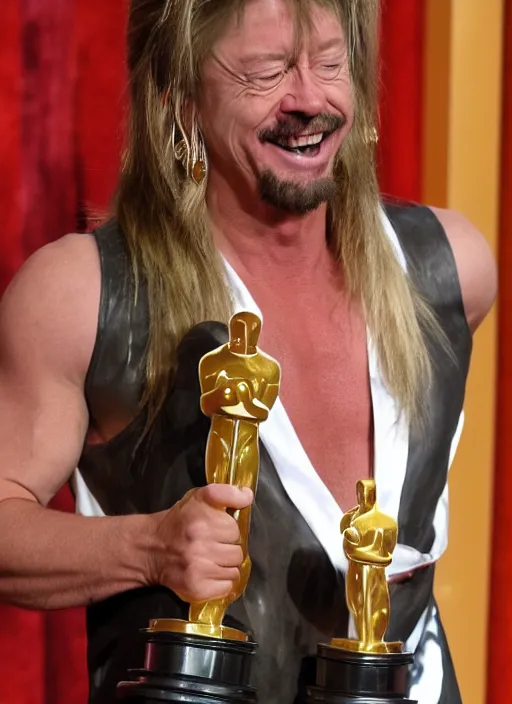 Prompt: a hyper realistic ultra realistic photograph of Joe Dirt winning an oscar, highly detailed, 8k photo