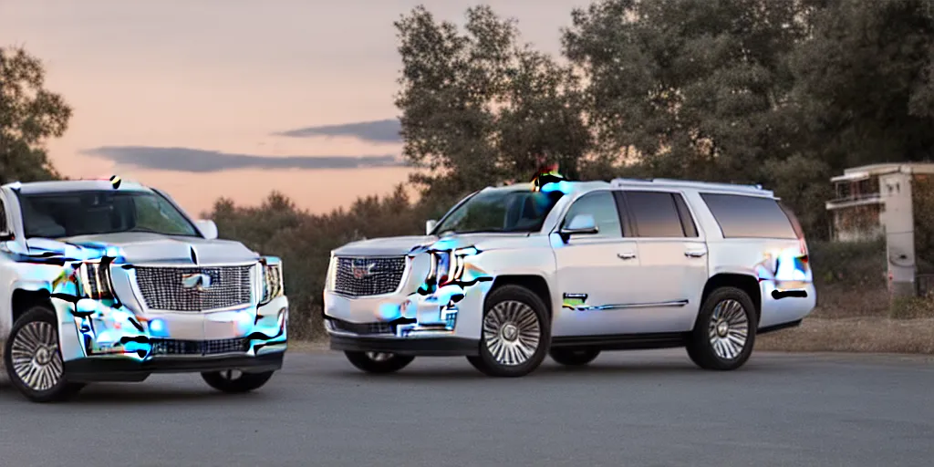 Prompt: A white Cadillac Escalade fused with a white GMC Yukon, car photography, sunset