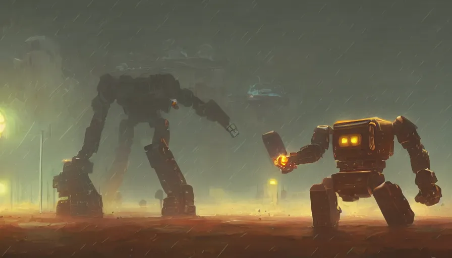 Image similar to a giant robot fighting a giant stone golem in rain, helicopters spotlight, sharp focus, james gilleard, cinematic, game art, extremely detailed digital painting, print