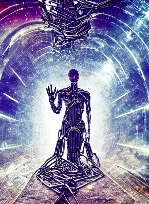 Image similar to a spiritually awakened cyborg wants to help humans free themselves from the chains of mental slavery and authoritarian politicians, surreal technological conceptual art magical cybernetic realism horror visions distopic and utopic art and the same time