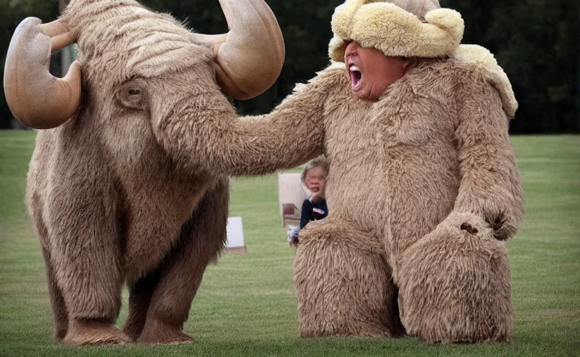 Image similar to Donald Trump in a baby mammoth costume , with an open face