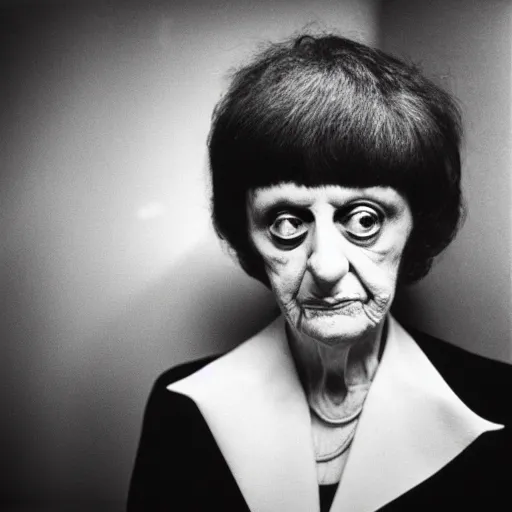 Prompt: photo of Diane Arbus by Diane Arbus, black and white, high contrast, Rolleiflex, 55mm f/4 lens