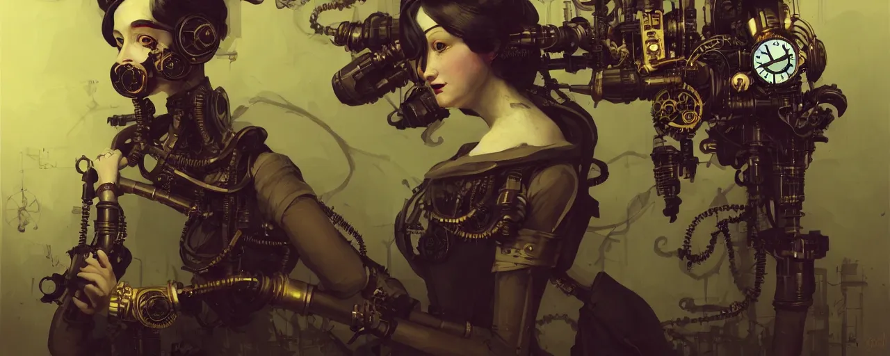 Prompt: duotone dark concept illustration 3 / 4 portrait of ada lovelace as steampunk cyborg. highly detailed mechanism cinematic volumetric lighting. fibonacci golden ratio accidental renaissance. by sachin teng and sergey kolesov and ruan jia and heng z. graffiti art, scifi, fantasy, hyper detailed. octane render. concept art. trending on artstation