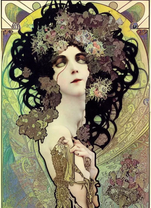 Prompt: Goth fractal girl, surreal Dada collage by Alphonse Mucha