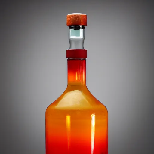 Prompt: an award - winning photo of a translucent glass vodka bottle in the shape and style of a propane cylinder with a yellow and red fire gradient in a warehouse, dramatic studio lighting, 2 4 mm, close up wide angle lens, ƒ / 8, behance, intricate details, 8 k