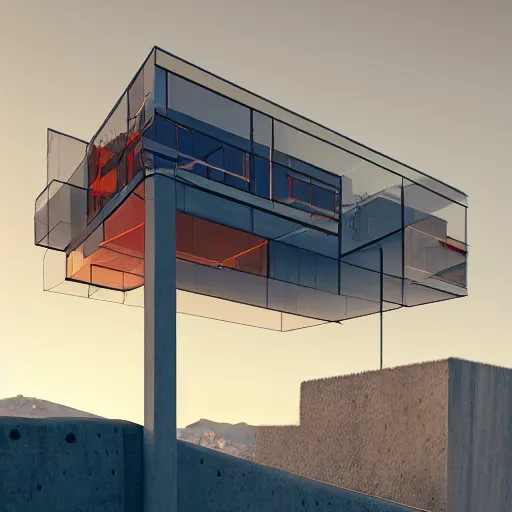 Prompt: extremely detailed non-Euclidean stunning sophisticated very thin beautiful house of 6 levels , stunning volumetric light, sunset, multi-colored concrete and glass and translucent material, stunning ski by Giacomo Burattini and beeple, 8k