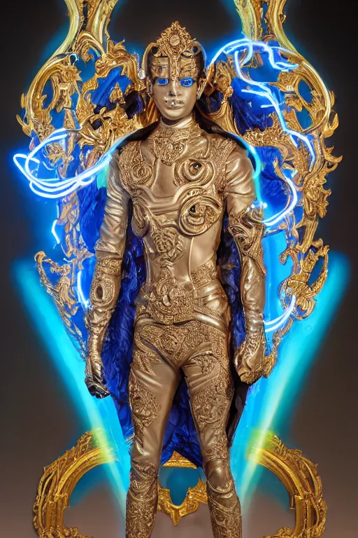 Prompt: full-body sculpture of a young handsome Colombiano prince as a half cibernetic android with a glowing blue battery in his chest, white laser beam coming out of his eyes, crown of giant diamonds, flowing neon-colored silk, fabric, raptors, in a cyperbunk and baroque style. baroque elements. full-length view. baroque element. intricate artwork by caravaggio. many many birds birds on background. Trending on artstation, octane render, cinematic lighting from the right, hyper realism, octane render, 8k, depth of field, 3D