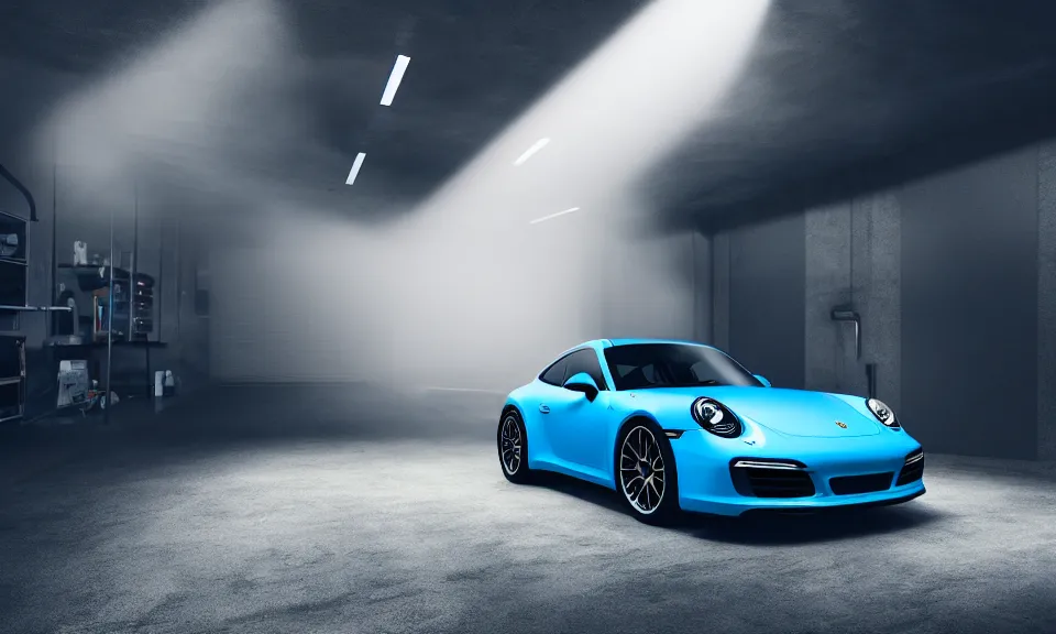 Image similar to photo of a blue porsche 911 standing in a garage, centered, mist, volumetric light, cinematic lighting, octane render, 4k