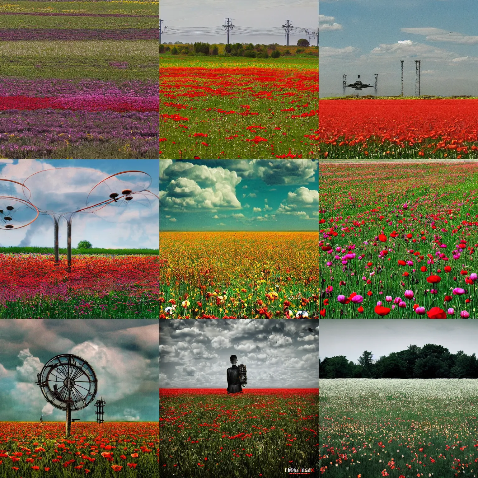 Prompt: a field of flowers, atompunk