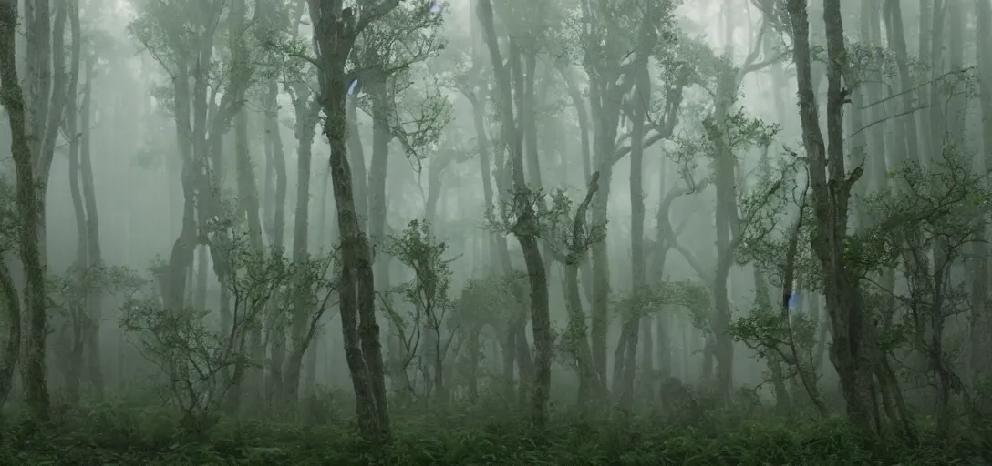 Image similar to a complex organic fractal 3 d ceramic megastructure in a lush forest, foggy, cinematic shot, photo still from movie by denis villeneuve