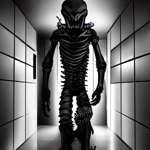 Prompt: Xenomorph with giant creepy eyes, futuristic hallway, dark, eerie