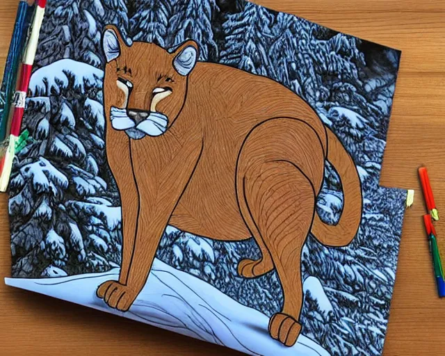 Prompt: unfinished colouring book showing 'a cougar sleeping in the middle of snowy pine tree' laying on coffee table, zoomed out shot, HD, iphone capture