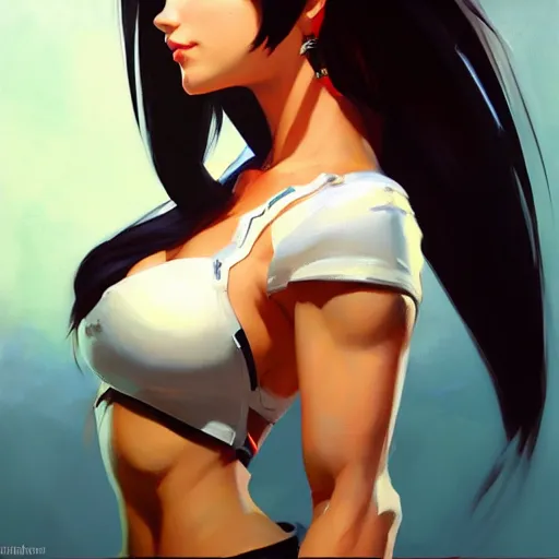 Image similar to Greg Manchess portrait painting o Tifa Lockheart as Overwatch character, medium shot, asymmetrical, profile picture, Organic Painting, sunny day, Matte Painting, bold shapes, hard edges, street art, trending on artstation, by Huang Guangjian and Gil Elvgren and Sachin Teng