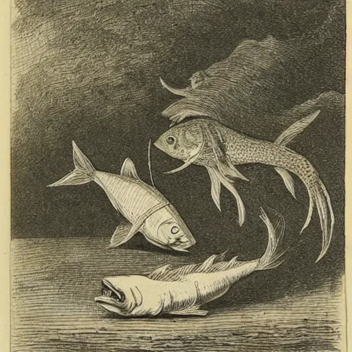 Prompt: a fish eating a small fish by john tenniel