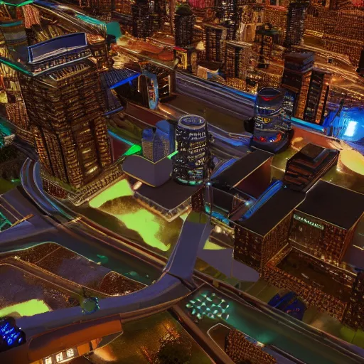 Prompt: isometric nighttime cityscape shot from helicopter from wipeout playstation detailed photorealistic 4 k unreal engine