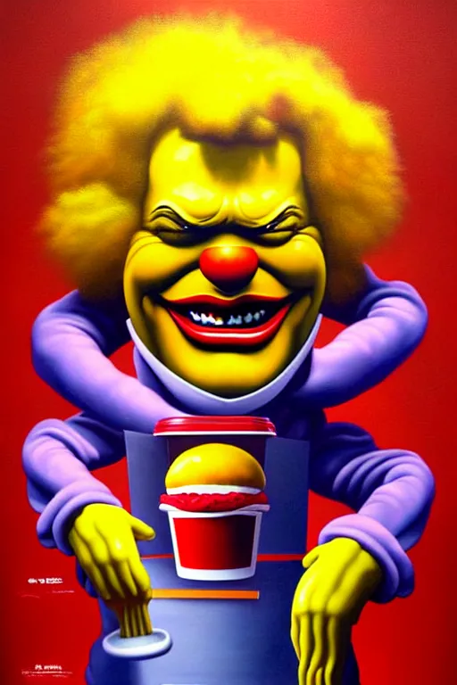 Prompt: a hyperrealistic painting of an epic boss fight ronald mcdonald vs burger king cinematic horror by chris cunningham, lisa frank, richard corben, highly detailed, vivid color,